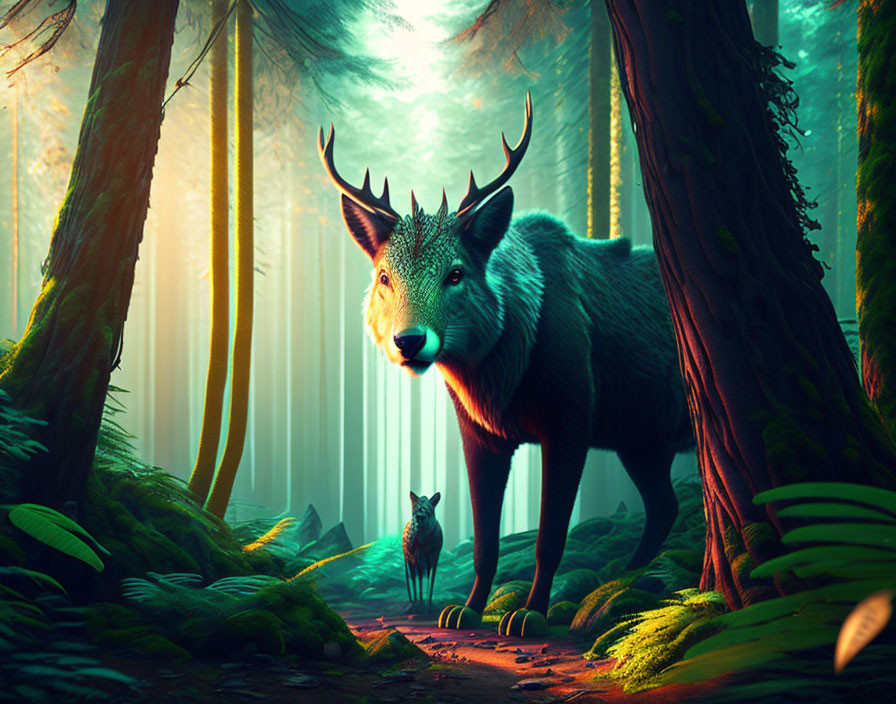 Majestic stag with towering antlers in sunlit forest clearing