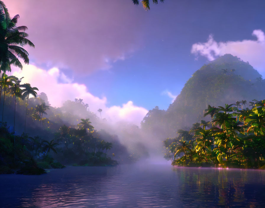 Tranquil Tropical River Scene at Dawn with Mist and Palm Trees