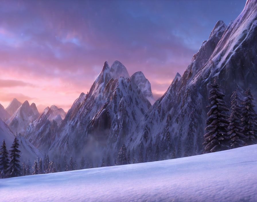 Snow-covered mountain landscape at dusk with pink and blue skies and mist above trees