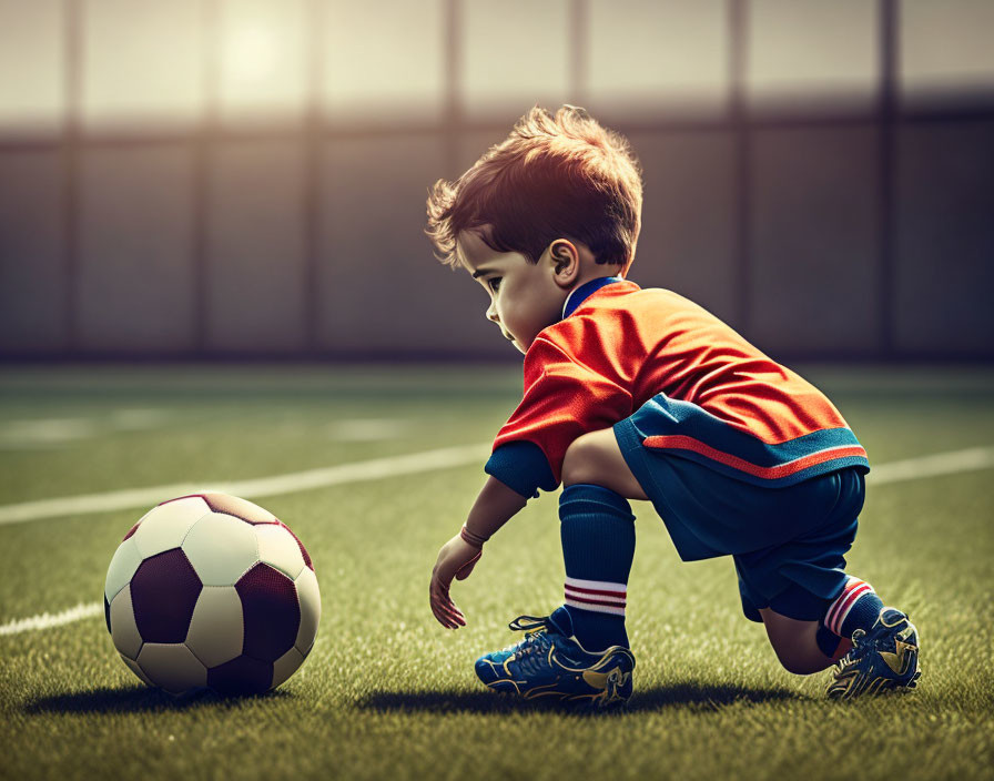 Young child in soccer kit kicking football on sunlit field