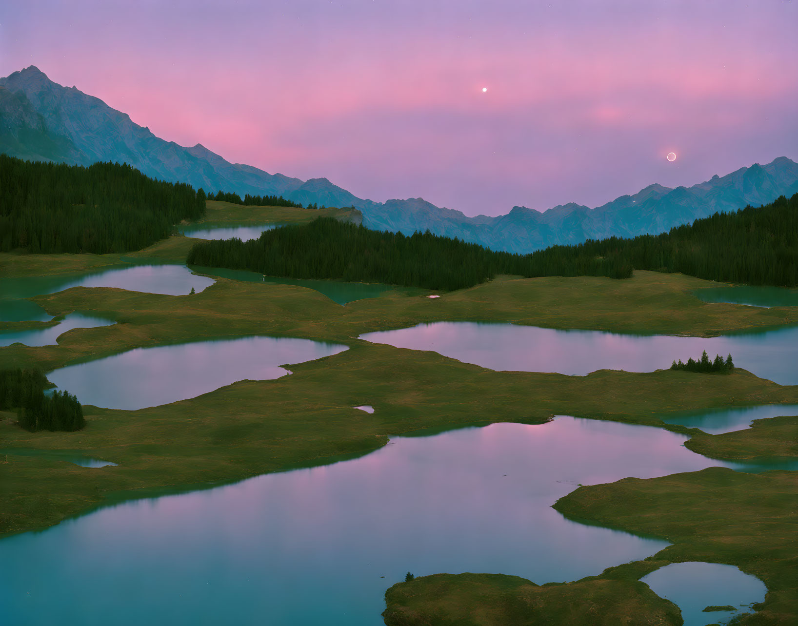 Mountain Lake at Twilight with Forested Peaks and Early Stars