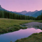 Mountain Lake at Twilight with Forested Peaks and Early Stars