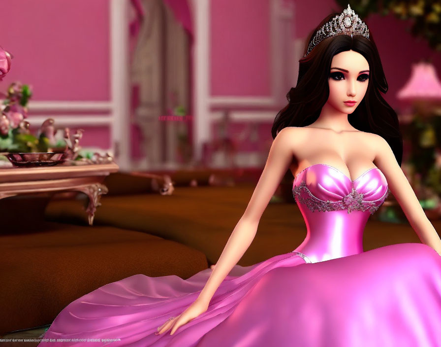 Dark-Haired Princess in Pink Ball Gown and Tiara in Plush 3D Room