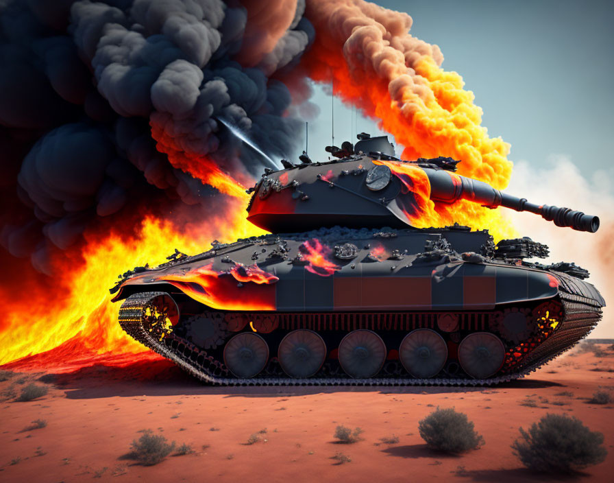 Tank in Desert Landscape with Massive Flames and Black Smoke