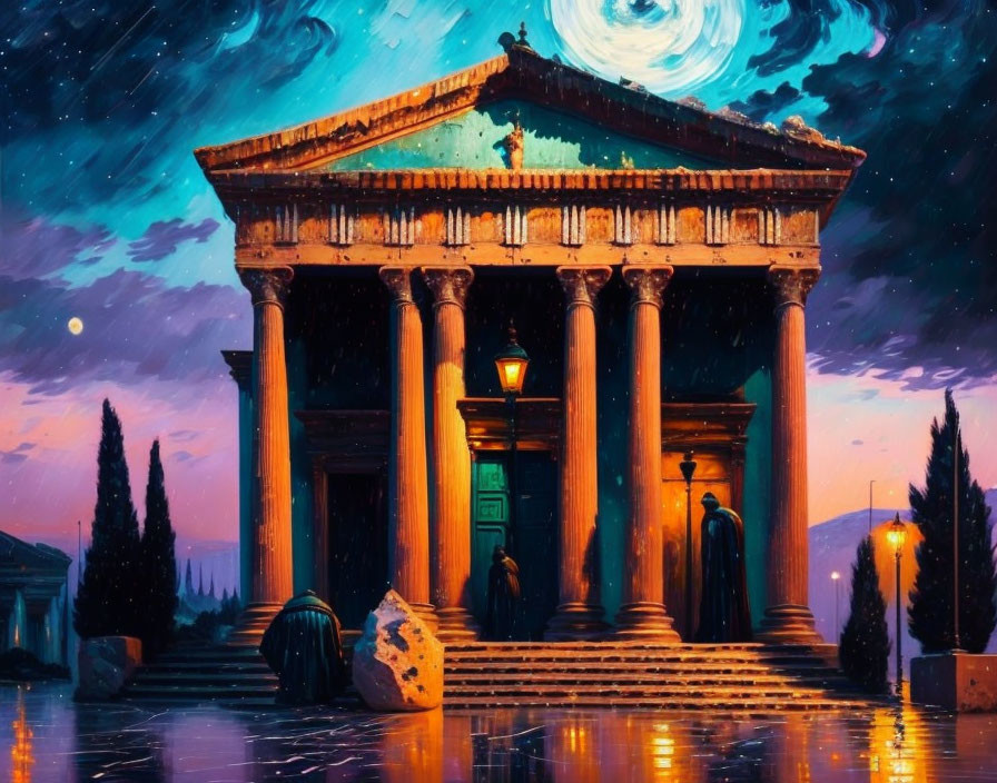 Neoclassical building with columns, statues, and cypress trees under starry sky