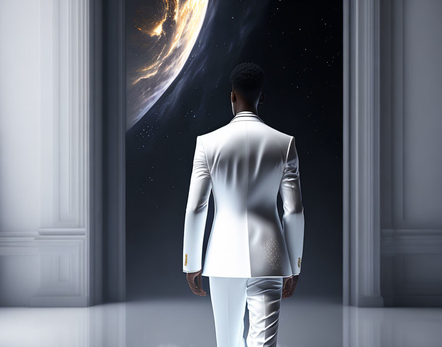 Person in white suit gazes into space with Earth view