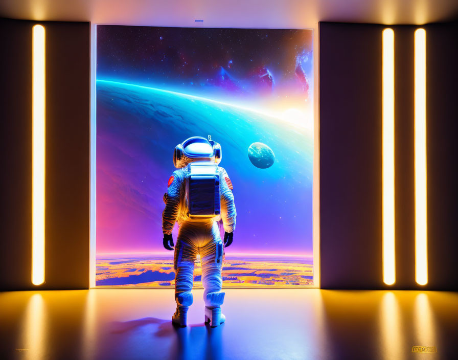 Astronaut in front of vibrant space mural with neon lights