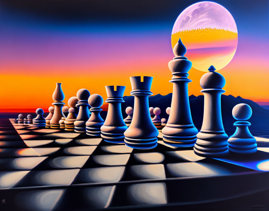 Surreal chessboard with elongated shadows under twilight sky