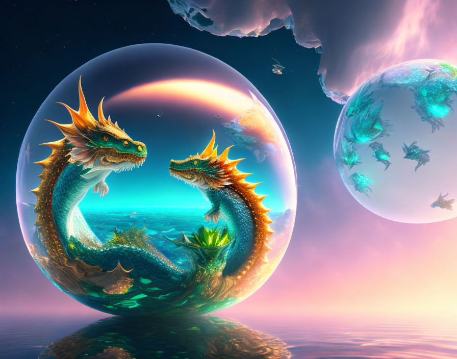 Two dragons in translucent sphere, surreal space background with islands.