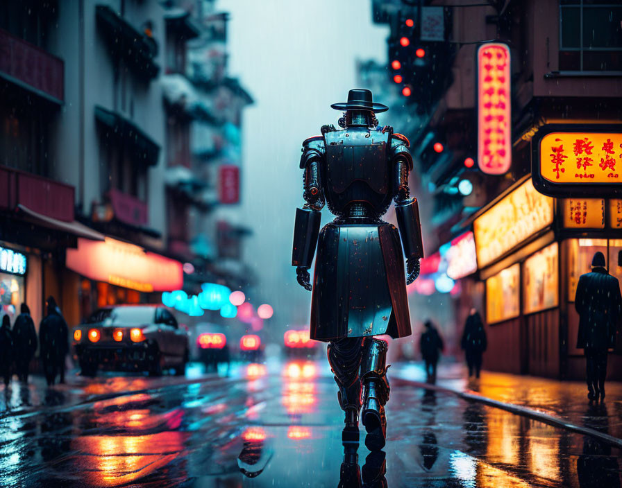 Vintage robot strolls in neon-lit city rain