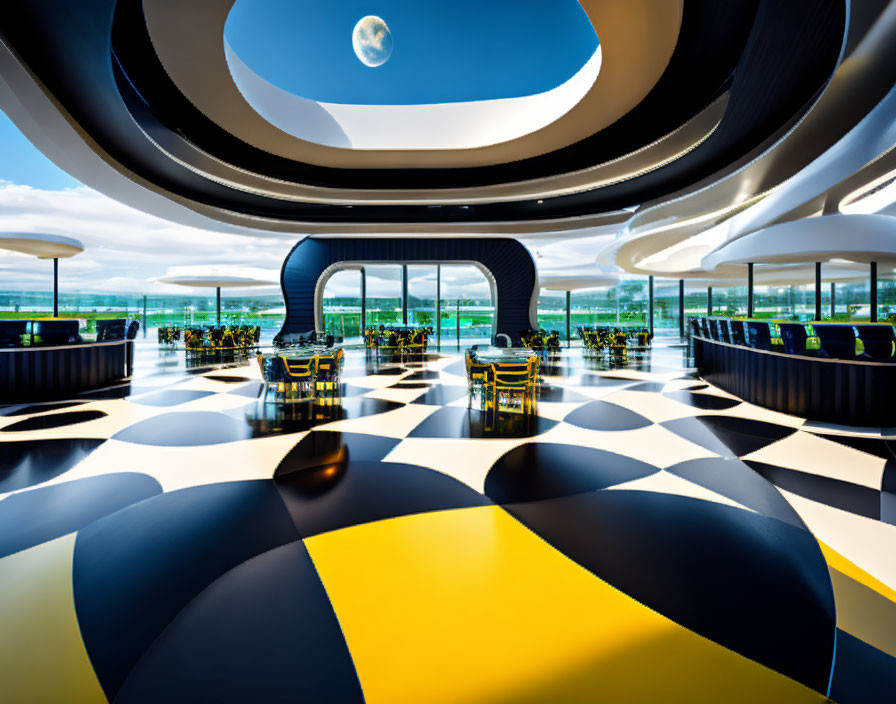 Futuristic interior with checkered floor, blue arches, moonlit ceiling windows, and panoramic