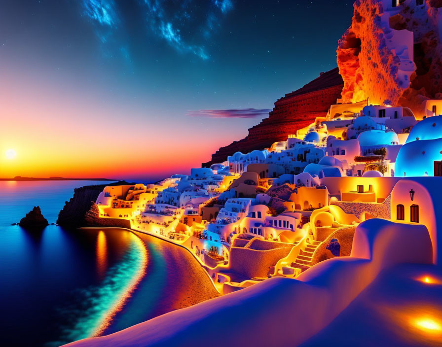 Scenic Greek village sunset with white buildings and starry sky