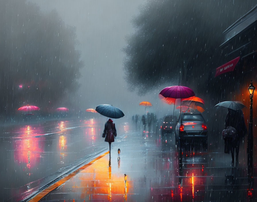 Pedestrians with umbrellas on rain-soaked street under colorful lights