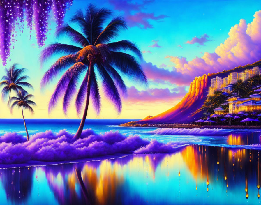 Tropical beach sunset with palm tree, blue water, starry sky, illuminated cliffs