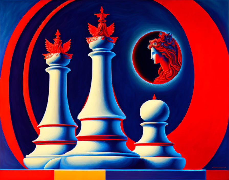 Chess pieces - king, queen, pawn - on red and blue concentric circles with ornate designs