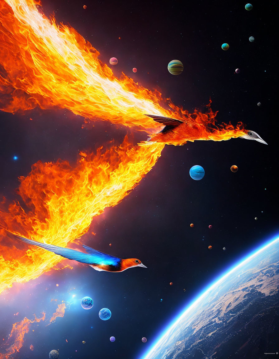 Colorful artwork: Two fiery birds flying in space with planets and Earth.