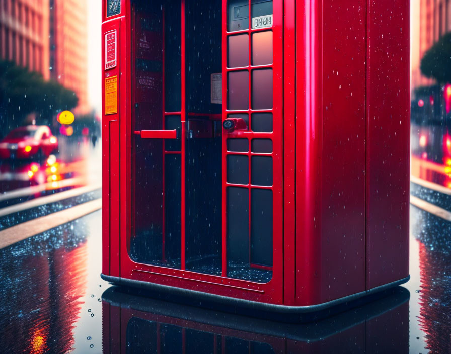 Red phone booth on wet street at dusk with city lights reflecting.