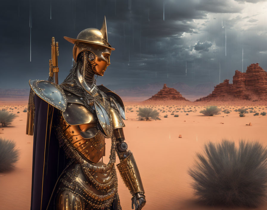 Robotic knight in shining armor in desert with red rock formations under stormy sky