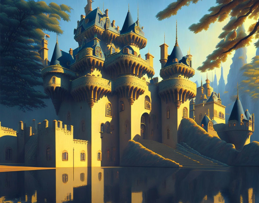 Majestic castle with spires reflected in serene water at golden hour