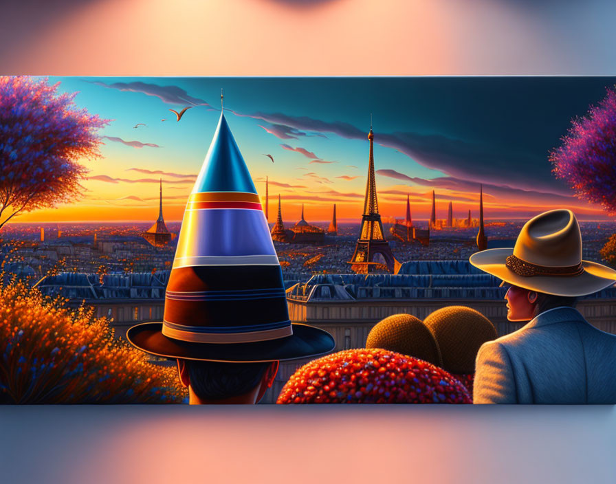 Couple with hats watching Paris sunset with Eiffel Tower in warm hues