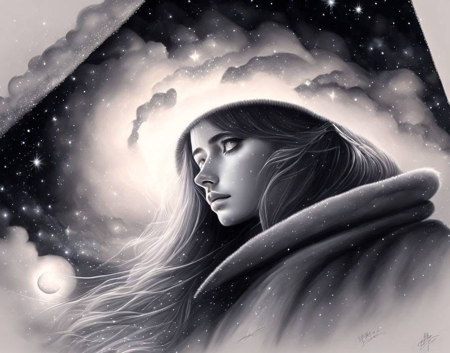 Monochromatic illustration of woman gazing at starry night sky