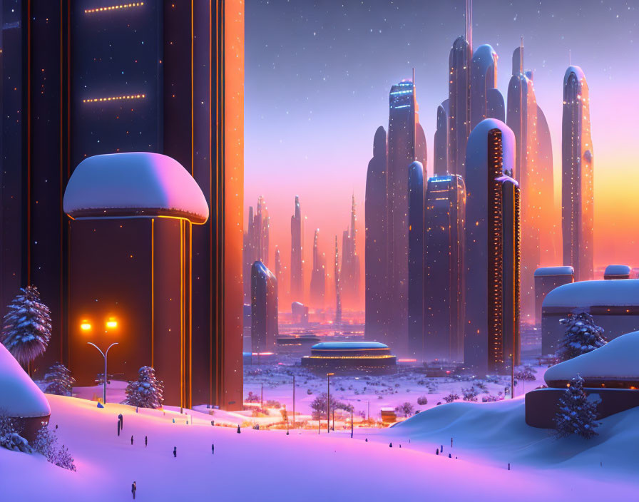 Snow-covered winter cityscape with futuristic skyscrapers at dusk