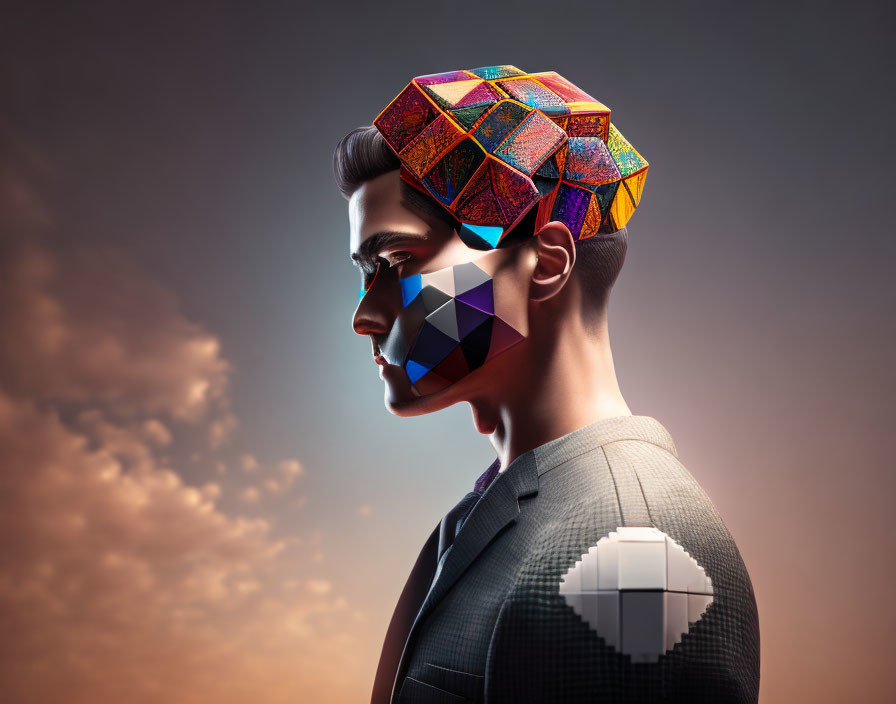 Man's Profile with Geometric Multicolored Brain Illustration on Sunset Background