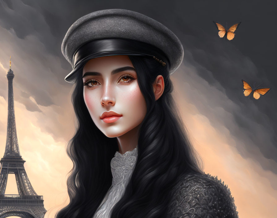 Digital artwork: Woman with dark hair in beret, Eiffel Tower background, two butterflies.