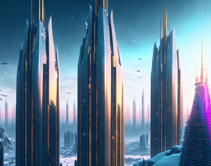 Futuristic cityscape with skyscrapers at sunset under a dusky sky.