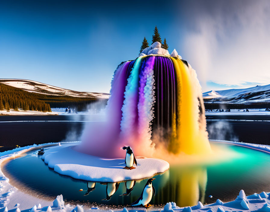 Penguin by vibrant snow-covered hot spring geyser