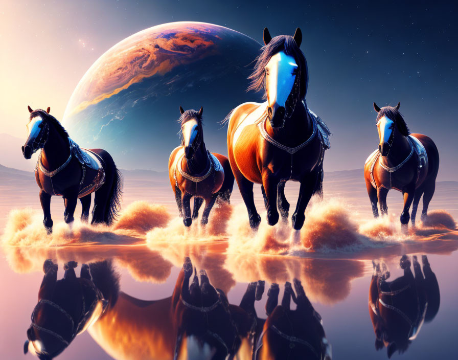 Four horses on reflective surface with planet in background at twilight