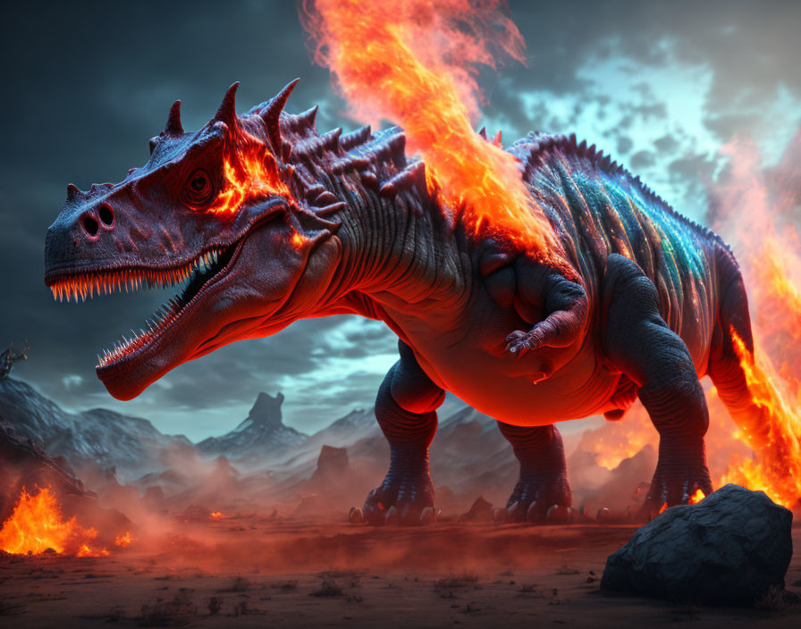 Fiery dragon-like creature with glowing red scales in blazing landscape