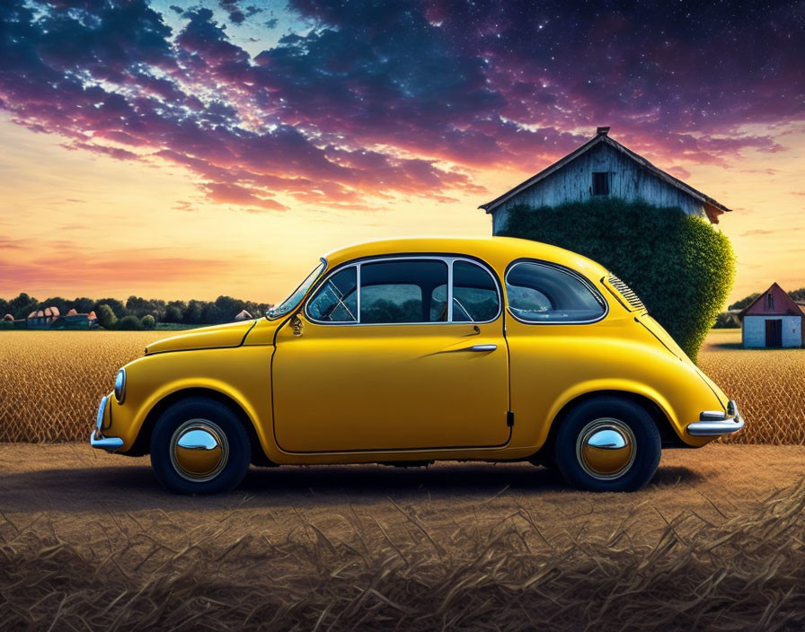 Yellow classic car parked near field with barn and vibrant sunset sky