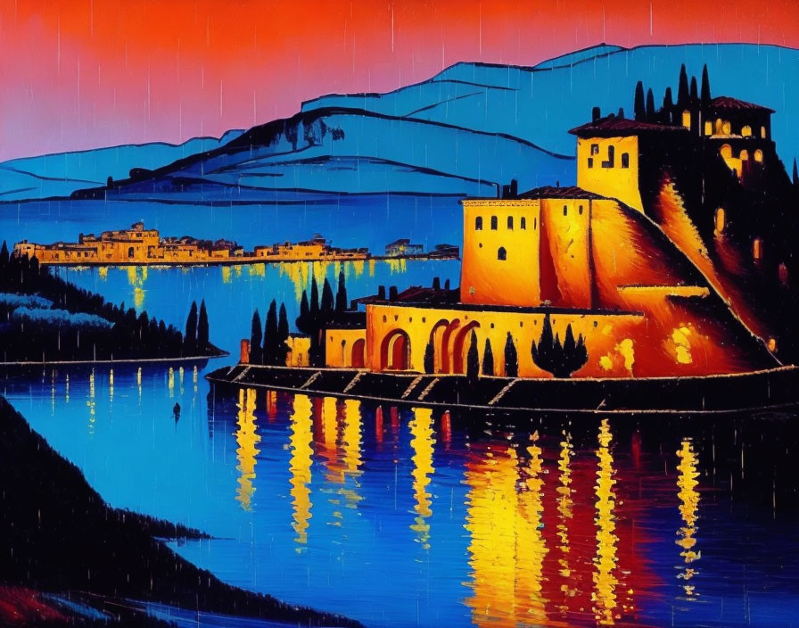 Scenic painting of lakeside Italian village at dusk