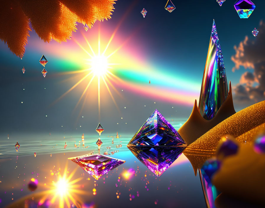 Vibrant surreal landscape with floating gemstones and golden structures