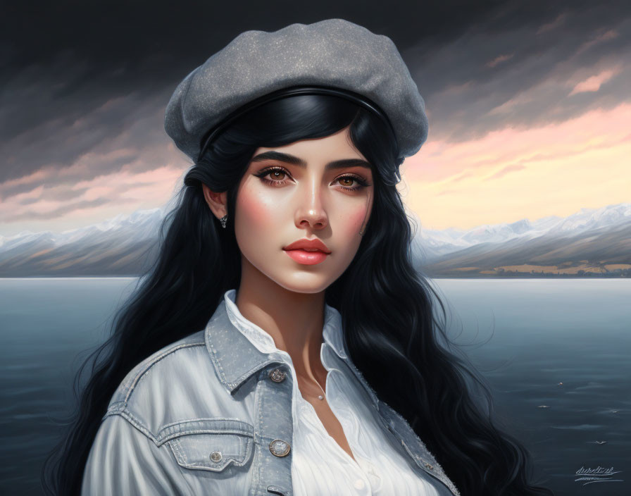 Dark-haired woman in beret and denim jacket against mountain and lake backdrop at dusk