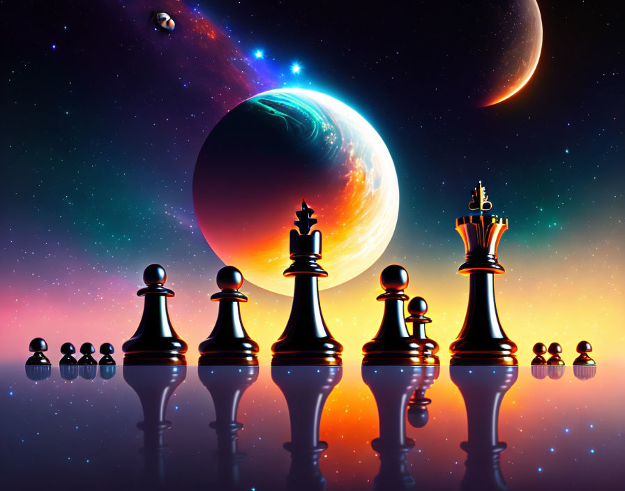 Chess Pieces on Reflective Surface with Outer Space Background Featuring Planets, Stars, and Moon