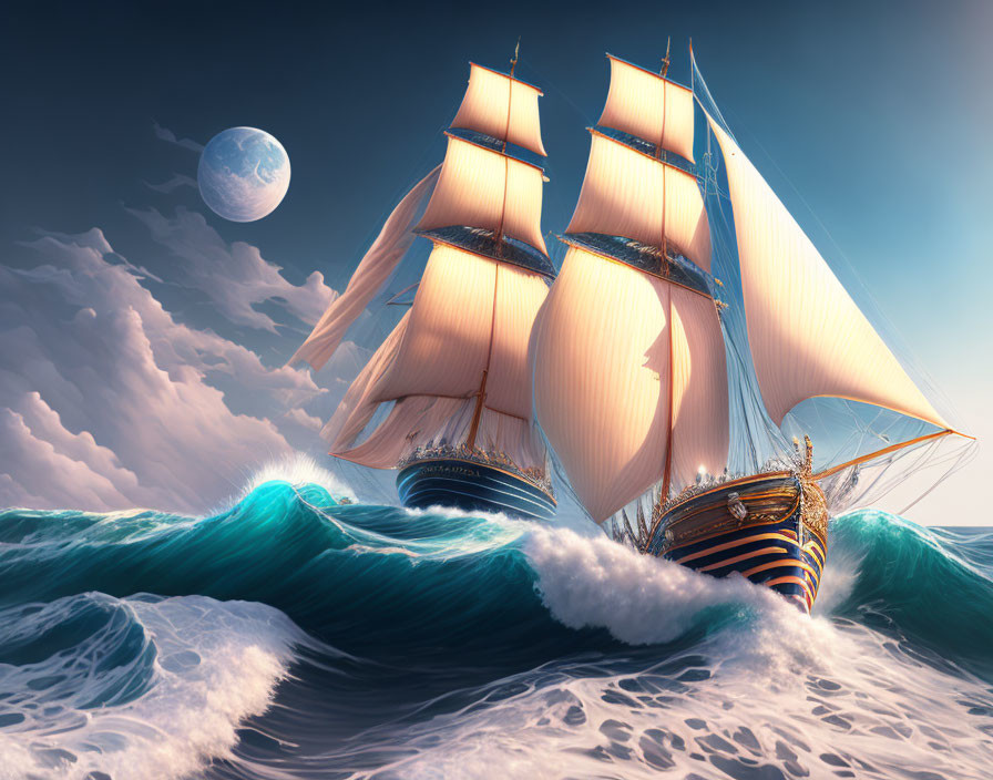 Sailing ship with billowing sails on ocean waves under moonlit sky