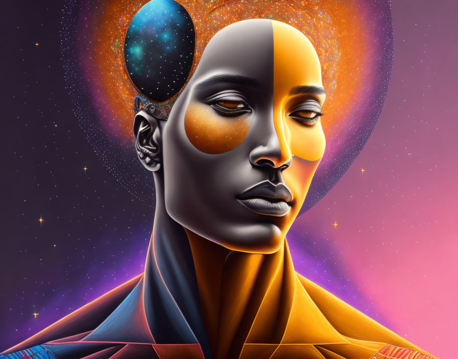 Colorful cosmic digital portrait with celestial headpieces.