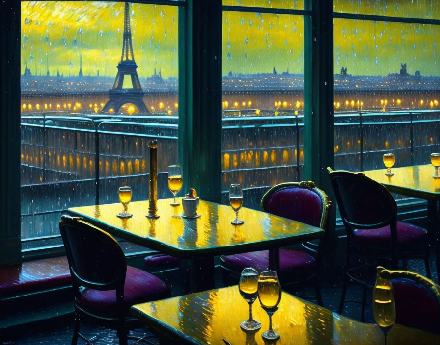 Restaurant interior with Eiffel Tower view on a rainy evening