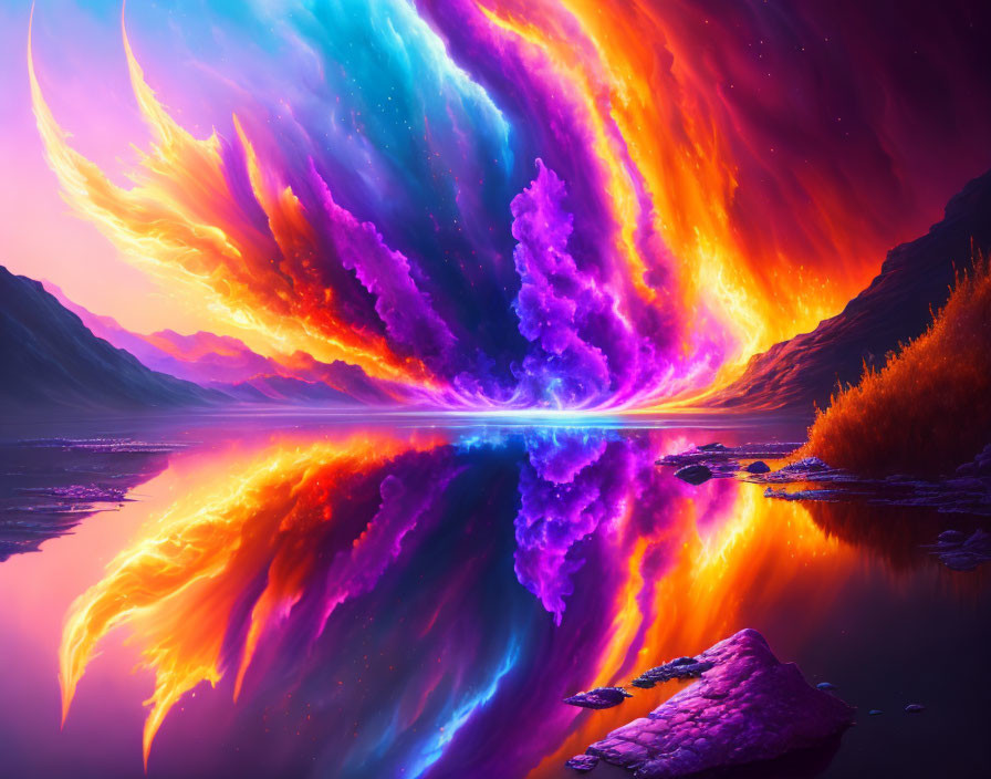 Vibrant digital artwork: Mystical aurora over mountain lake