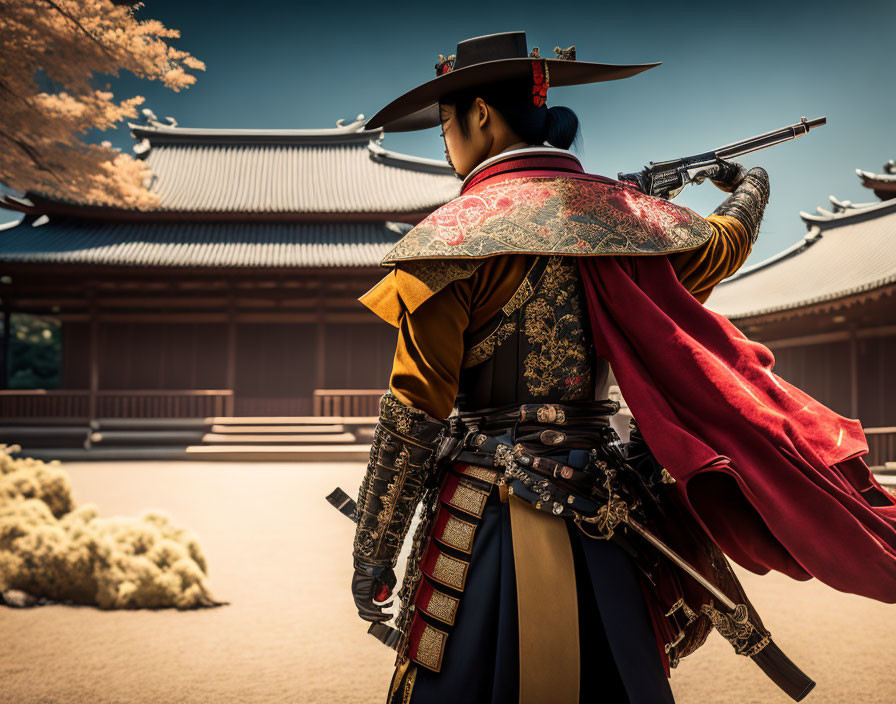 Traditional Korean Warrior in Vibrant Attire with Bow at Historic Temple