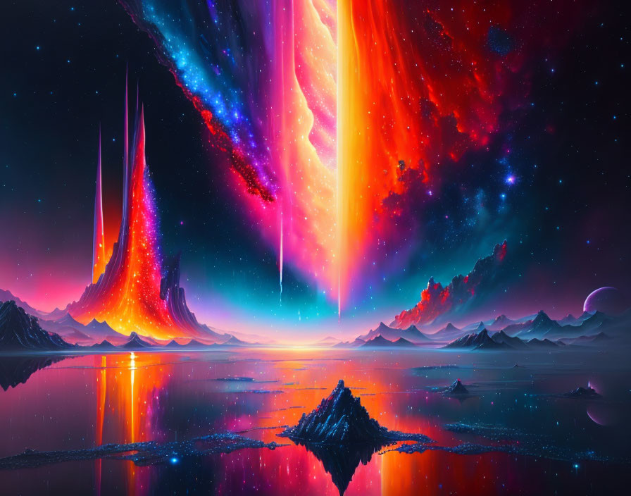 Colorful alien landscape with luminous sky formations reflected in water