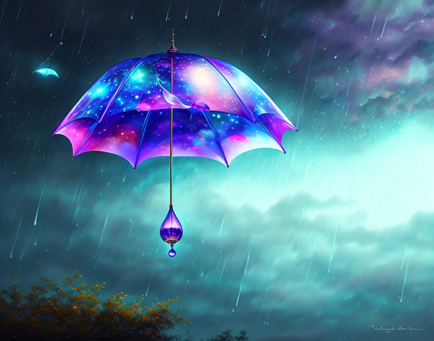 Vibrant galaxy pattern umbrella in stormy sky with blue glow