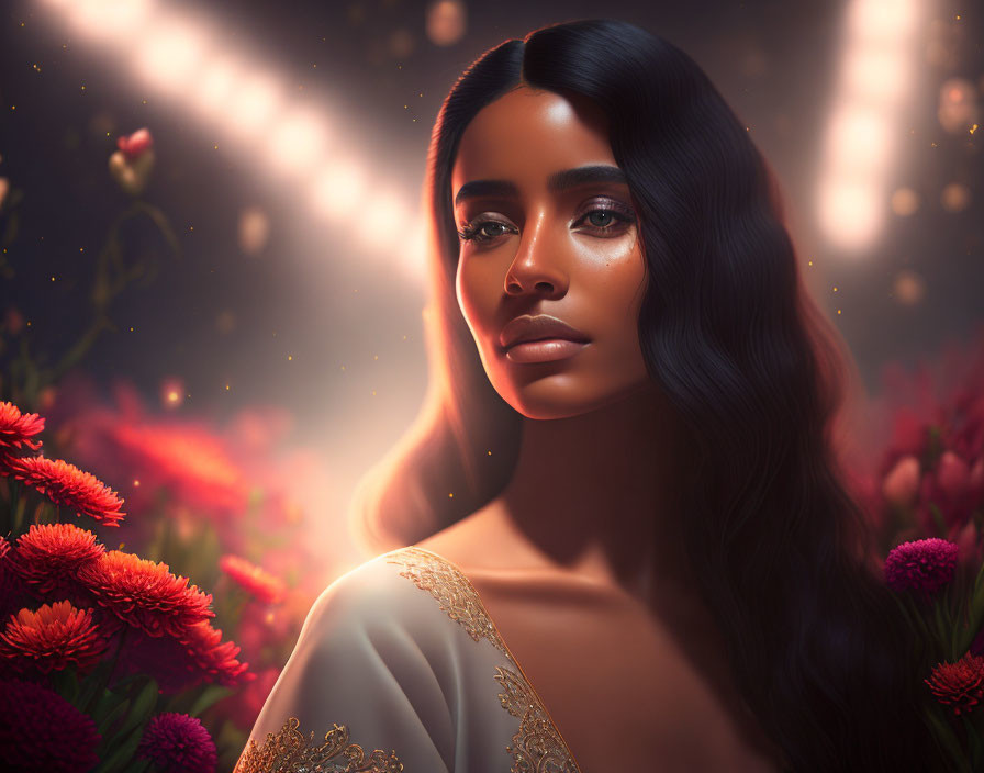 Dark-haired woman in golden dress surrounded by red flowers under soft light