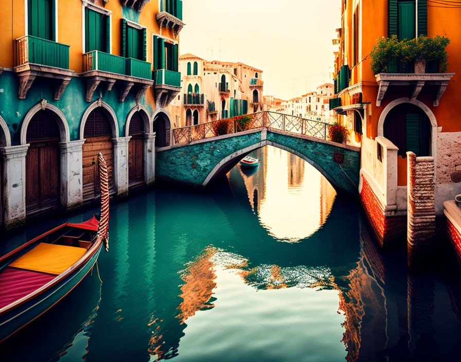 Venice canal with moored gondola, historic buildings, and sunset glow