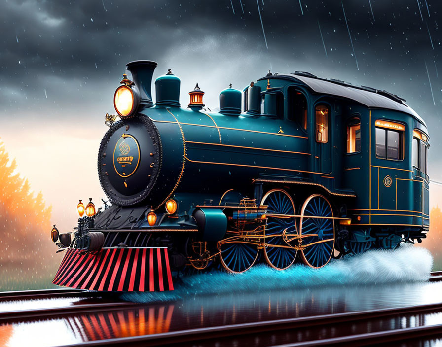 Vintage Blue Steam Locomotive with Golden Accents on Rainy Tracks