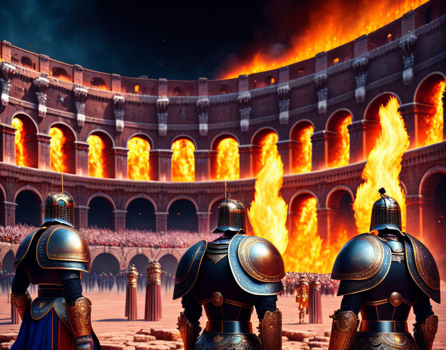 Armored gladiators observe massive fire in coliseum at dusk