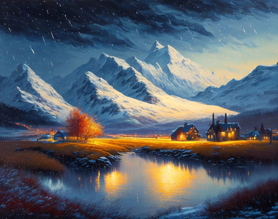 Snow-covered mountains, cozy cottages, river, starry sky in winter dusk