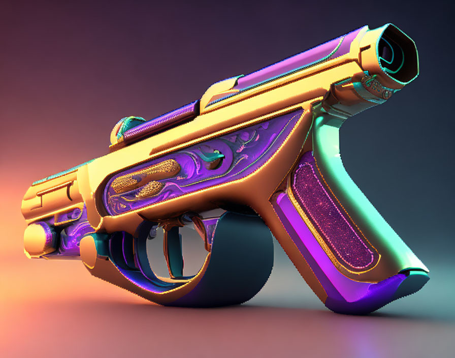 Futuristic gun with neon purple accents and gold trimmings